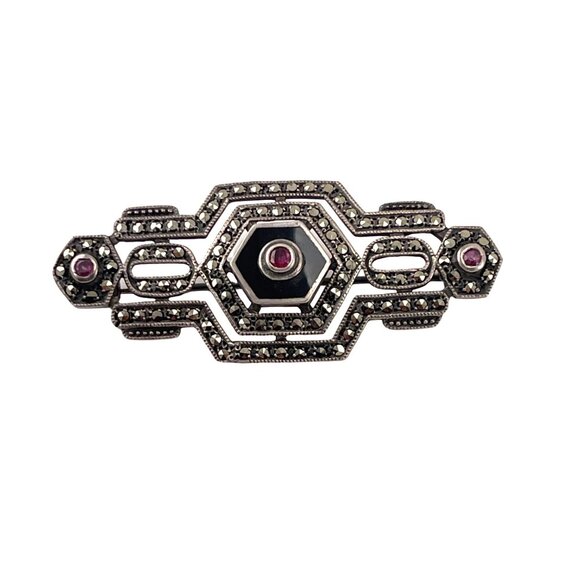 Antique Art Deco Brooch With Marcasite Ruby Gemstone Accents - Picture 2 of 7